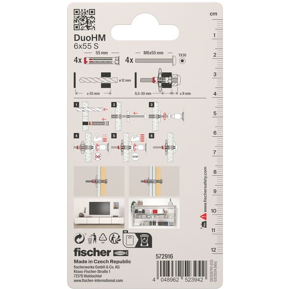 Hollow construction dowel DuoHM 6x55 S PH TX, Fischer, 4 pcs.