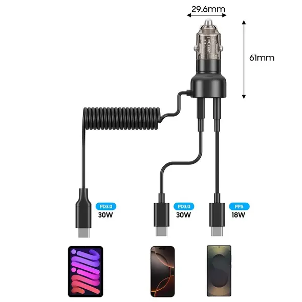 Ładowarka samochodowa Tech-Protect CC05 2-port Car Charger USB-A, USB-C PD 60W + USB-C Cable Black