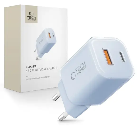 Ładowarka sieciowa Tech-Protect NCM33W 2-port USB-A, USB-C Network Charger PD 33W / QC3.0 Baby Blue