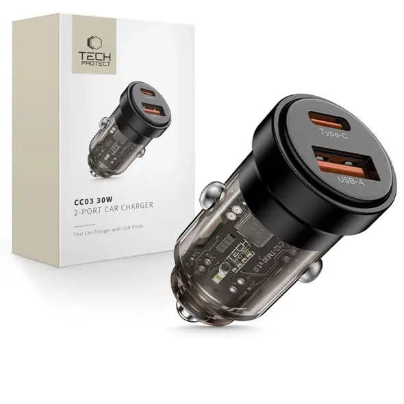 Ładowarka samochodowa Tech-Protect CC03 2-port Car Charger USB-A, USB-C PD 30W / QC 3.0 Black