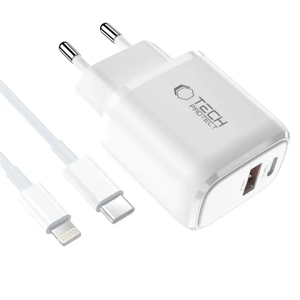 Ładowarka sieciowa Tech-Protect NCA20 USB-A, USB-C Network Charger PD 20W / QC3.0 + Lightning Cable White