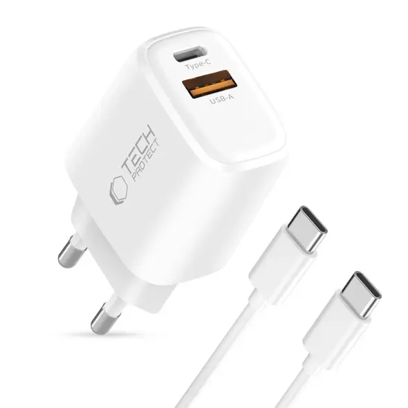 Ładowarka sieciowa Tech-Protect NCA20 USB-A, USB-C Network Charger PD 20W / QC3.0 + USB-C Cable White