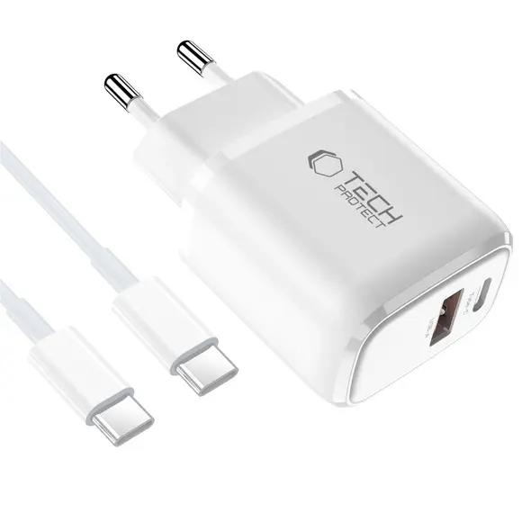 Ładowarka sieciowa Tech-Protect NCA30 USB-A, USB-C Network Charger PD 30W / QC3.0 + USB-C Cable White