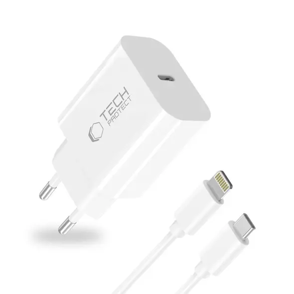Ładowarka sieciowa Tech-Protect NC20W 1-port USB-C Network Charger PD 20W + Lightning Cable White