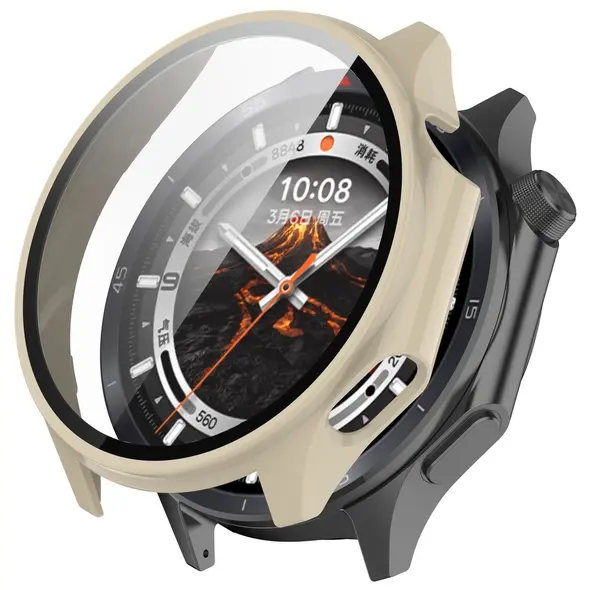 Etui ze szkłem do zegarka Bizon Case+Glass Watch do OnePlus Watch 3 / Oppo Watch X2 beżowe