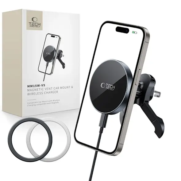 Uchwyt samochodowy do kratki z ładowarką 15W + 2x blaszki magnetyczne Tech-Protect MM15W-V5 Magnetic MagSafe Stable Vent Car Mount Wireless Charger 15W Black