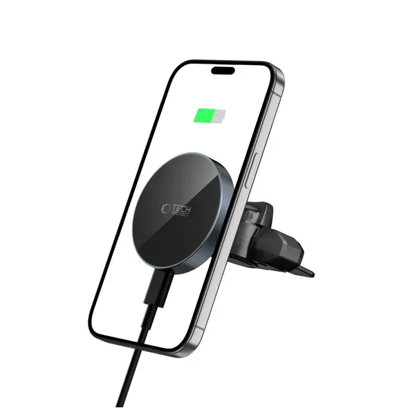 Uchwyt samochodowy do kratki / do gniazda CD z ładowarką 15W + 2x blaszki magnetyczne Tech-Protect MM15W-V5 Magnetic MagSafe CD & Vent Car Mount Wireless Charger 15W Black