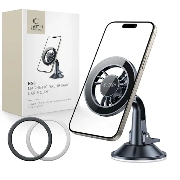 Magnetyczny uchwyt samochodowy na kokpit / szybę Tech-Protect N56 Magnetic MagSafe Dashboard Shrt Car Mount Black