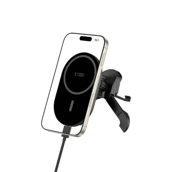 Uchwyt samochodowy do kratki z ładowarką 15W + 2x blaszki magnetyczne Tech-Protect MM15W-V6 Magnetic MagSafe Stable Vent Car Mount Wireless Charger 15W Black