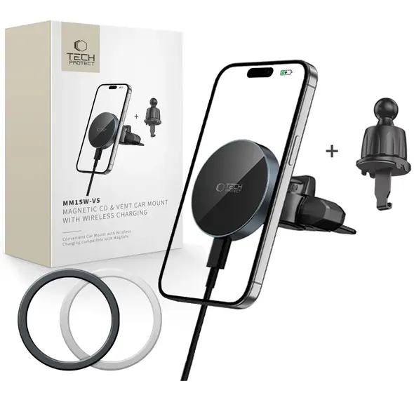 Uchwyt samochodowy do kratki / do gniazda CD z ładowarką 15W + 2x blaszki magnetyczne Tech-Protect MM15W-V5 Magnetic MagSafe CD & Vent Car Mount Wireless Charger 15W Black