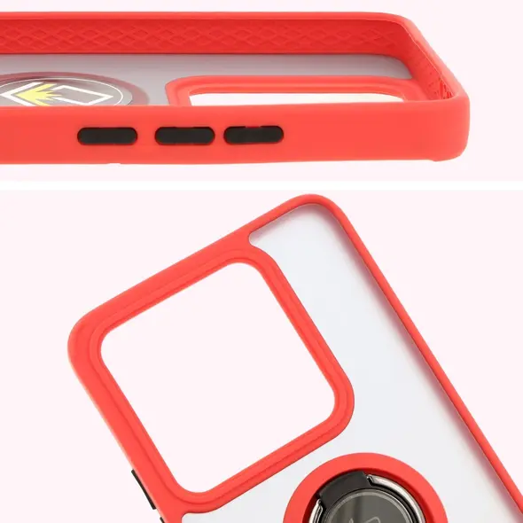 Etui z uchwytem na palec Bizon Case Hybrid Ring do Xiaomi 14T przydymione z czerwoną ramką