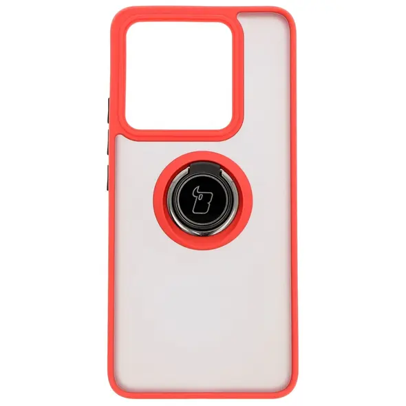 Etui z uchwytem na palec Bizon Case Hybrid Ring do Xiaomi 14T przydymione z czerwoną ramką