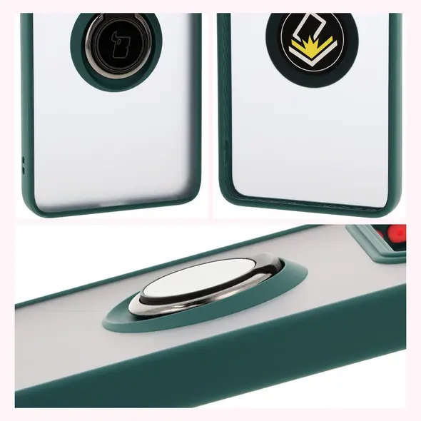 Etui z uchwytem na palec Bizon Case Hybrid Ring do Xiaomi 14T Pro przydymione z ciemnozieloną ramką