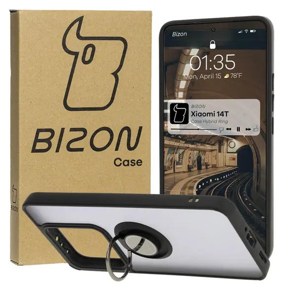 Etui z uchwytem na palec Bizon Case Hybrid Ring do Xiaomi 14T przydymione z czarną ramką