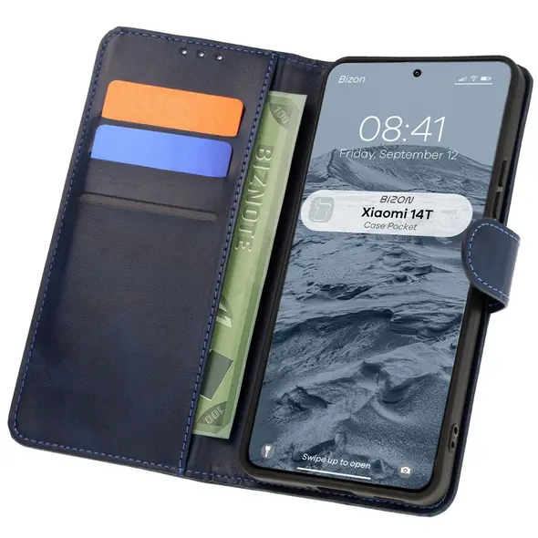Etui z klapką Bizon Case Pocket do Xiaomi 14T granatowe