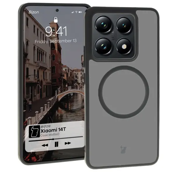 Etui z pierścieniem magnetycznym Bizon Case MatteO do Xiaomi 14T półprzezroczyste z czarną ramką