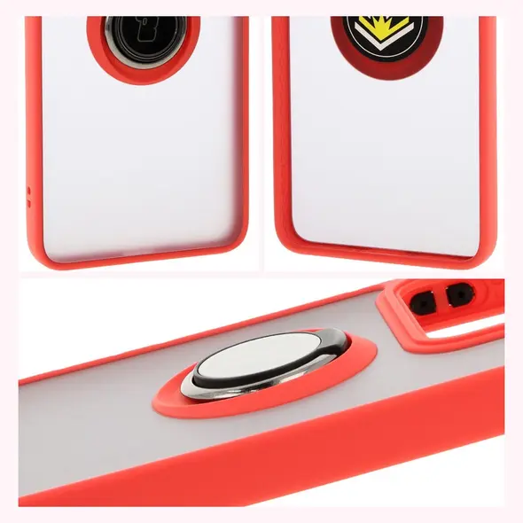 Etui z uchwytem na palec Bizon Case Hybrid Ring do Xiaomi 14T przydymione z czerwoną ramką
