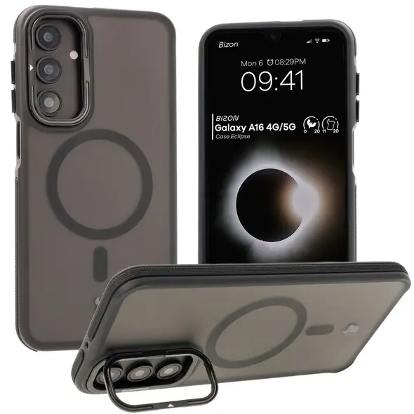Etui z podstawką i pierścieniem magnetycznym Bizon Case Eclipse do Samsung Galaxy A16 4G/5G przydymione z czarną ramką