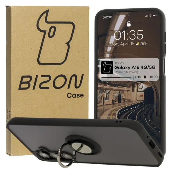 Etui z uchwytem na palec Bizon Case Hybrid Ring do Samsung Galaxy A16 4G/5G przydymione z czarną ramką