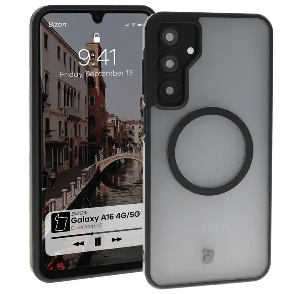 Etui z pierścieniem magnetycznym Bizon Case MatteO do Samsung Galaxy A16 4G/5G półprzezroczyste z czarną ramką