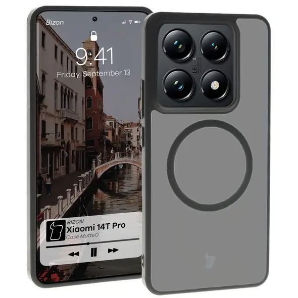 Etui z pierścieniem magnetycznym Bizon Case MatteO do Xiaomi 14T Pro półprzezroczyste z czarną ramką