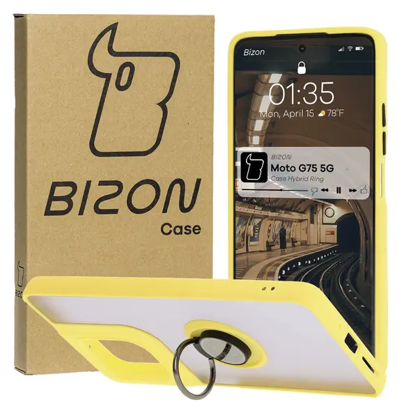 Etui z uchwytem na palec Bizon Case Hybrid Ring do Motorola Moto G75 5G przydymione z żółtą ramką