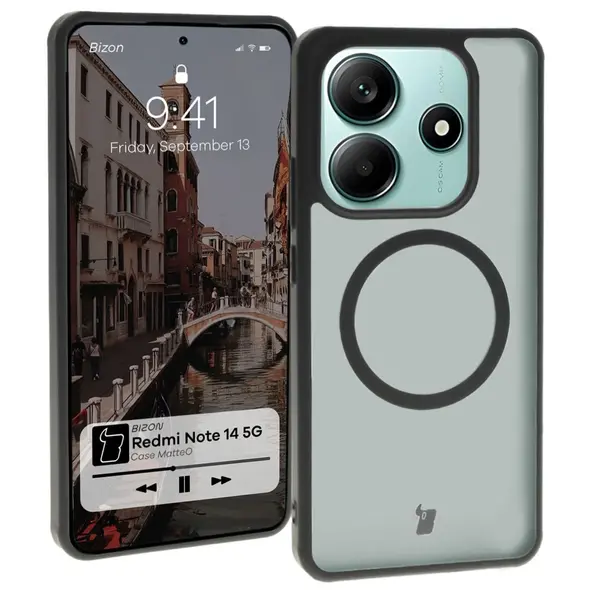 Etui z pierścieniem magnetycznym Bizon Case MatteO do Xiaomi Redmi Note 14 5G półprzezroczyste z czarną ramką