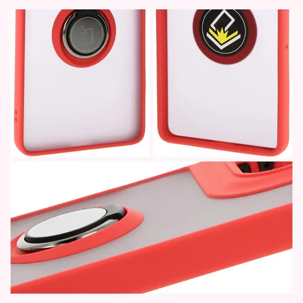 Etui z uchwytem na palec Bizon Case Hybrid Ring do Motorola Moto G75 5G przydymione z czerwoną ramką