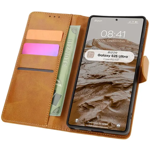 Etui z klapką Bizon Case Pocket do Samsung Galaxy S25 Ultra brązowe