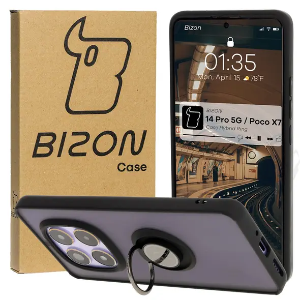 Etui z uchwytem na palec Bizon Case Hybrid Ring do Xiaomi Redmi Note 14 Pro 5G / Poco X7 przydymione z czarną ramką