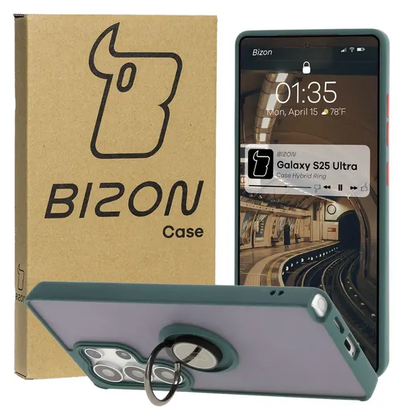 Etui z uchwytem na palec Bizon Case Hybrid Ring do Samsung Galaxy S25 Ultra przydymione z ciemnozieloną ramką