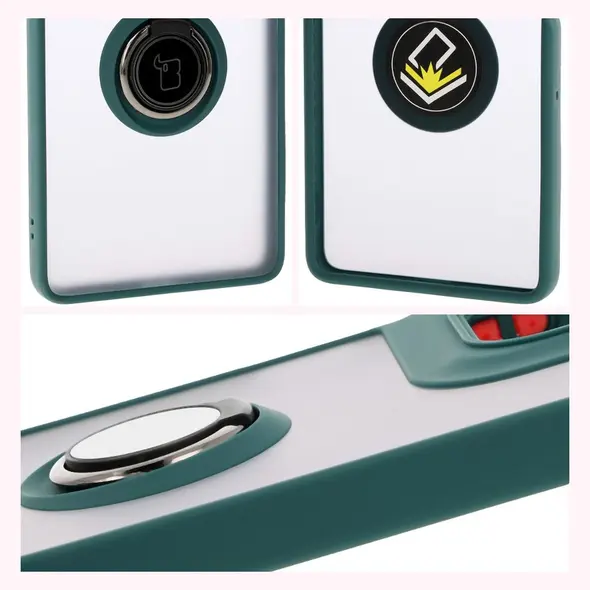 Etui z uchwytem na palec Bizon Case Hybrid Ring do Motorola Moto G75 5G przydymione z ciemnozieloną ramką