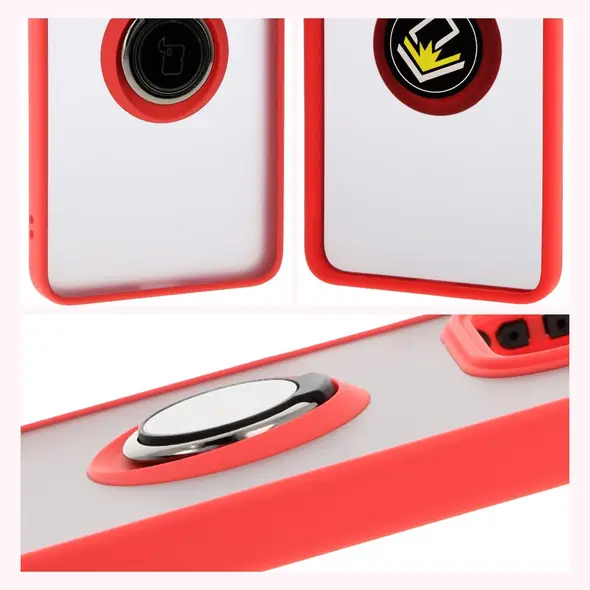 Etui z uchwytem na palec Bizon Case Hybrid Ring do Xiaomi Redmi Note 14 5G przydymione z czerwoną ramką
