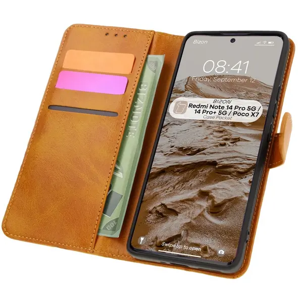 Etui z klapką Bizon Case Pocket do Xiaomi Redmi Note 14 Pro 5G / Poco X7 brązowe