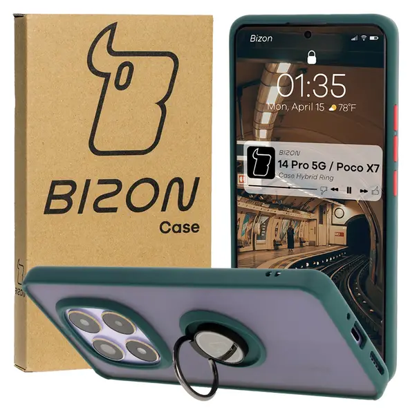 Etui z uchwytem na palec Bizon Case Hybrid Ring do Xiaomi Redmi Note 14 Pro 5G / Poco X7 przydymione z ciemnozieloną ramką