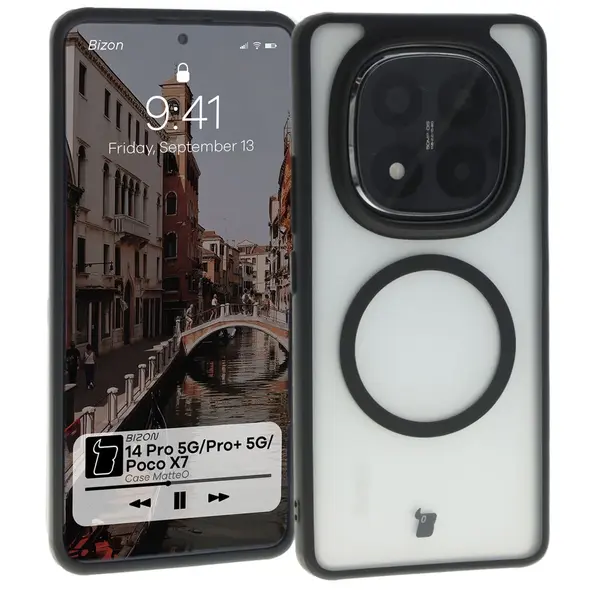 Etui z pierścieniem magnetycznym Bizon Case MatteO do Xiaomi Redmi Note 14 Pro 5G / 14 Pro Plus 5G / Poco X7 półprzezroczyste z czarną ramką