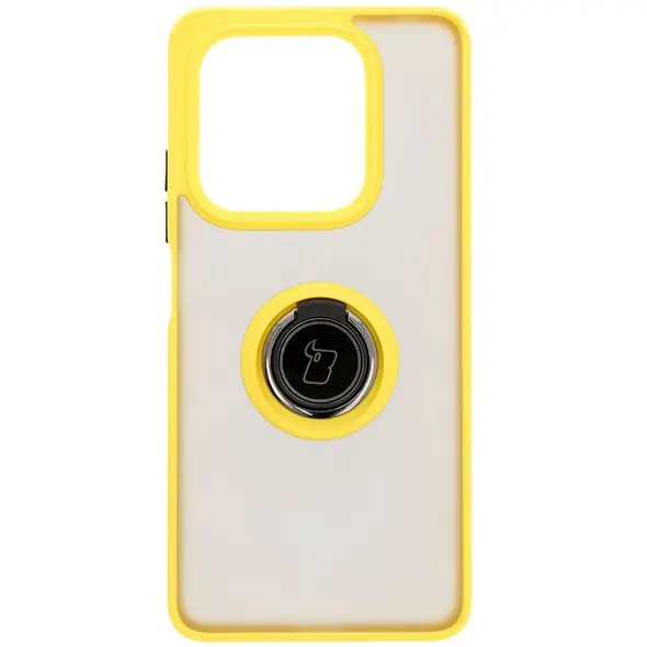 Etui z uchwytem na palec Bizon Case Hybrid Ring do Xiaomi Redmi Note 14 5G przydymione z żółtą ramką