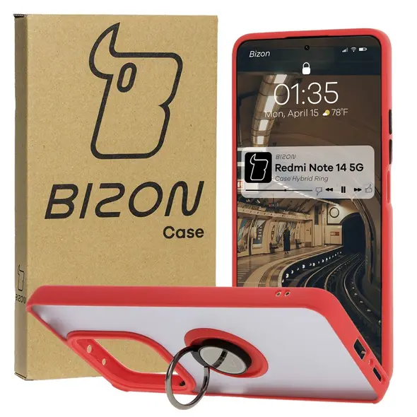 Etui z uchwytem na palec Bizon Case Hybrid Ring do Xiaomi Redmi Note 14 5G przydymione z czerwoną ramką