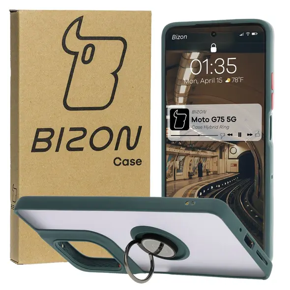 Etui z uchwytem na palec Bizon Case Hybrid Ring do Motorola Moto G75 5G przydymione z ciemnozieloną ramką