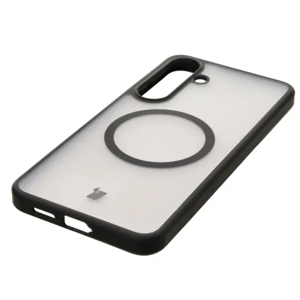 Etui z pierścieniem magnetycznym Bizon Case MatteO do Samsung Galaxy S25 Plus półprzezroczyste z czarną ramką