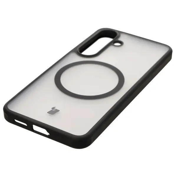 Etui z pierścieniem magnetycznym Bizon Case MatteO do Samsung Galaxy S25 półprzezroczyste z czarną ramką