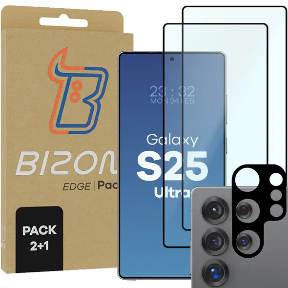 2x szkło na ekran + 1x na aparat BIZON Edge 2 Pack do Samsung Galaxy S25 Ultra