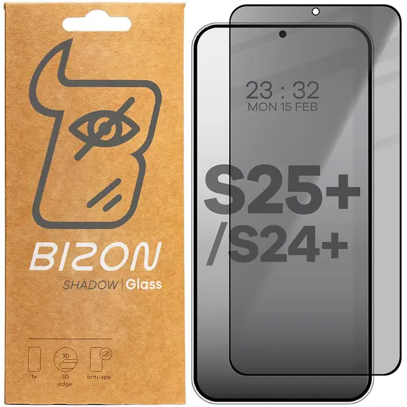 Prywatyzujące szkło hartowane Bizon Glass Edge Shadow do Samsung Galaxy S25 Plus / S24 Plus przyciemniane z czarną ramką