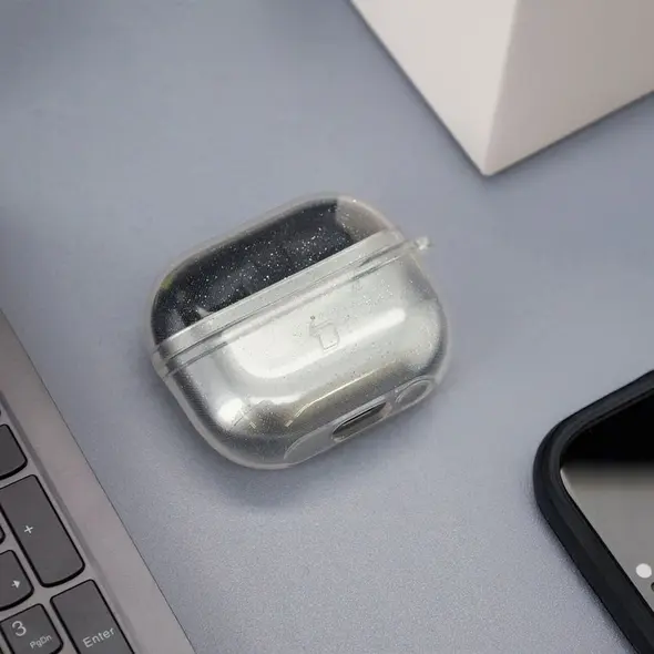 Elastyczne etui z karabińczykiem Bizon Case Headphone Clear do Samsung Galaxy Buds 3/3 Pro przeźroczysto-brokatowe