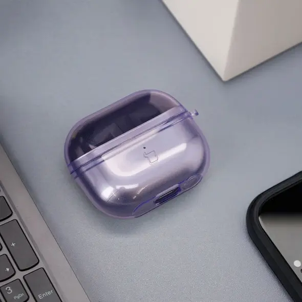 Elastyczne etui z karabińczykiem Bizon Case Headphone Clear do Samsung Galaxy Buds 3/3 Pro przeźroczysto-fioletowe
