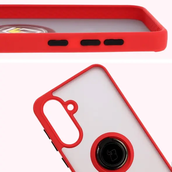 Etui z uchwytem na palec Bizon Case Hybrid Ring do Samsung Galaxy A36 5G przydymione z czerwoną ramką