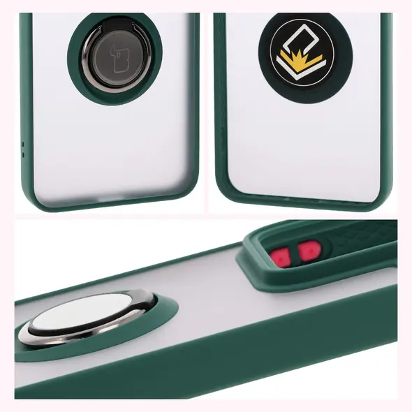 Etui z uchwytem na palec Bizon Case Hybrid Ring do Xiaomi 15 przydymione z ciemnozieloną ramką