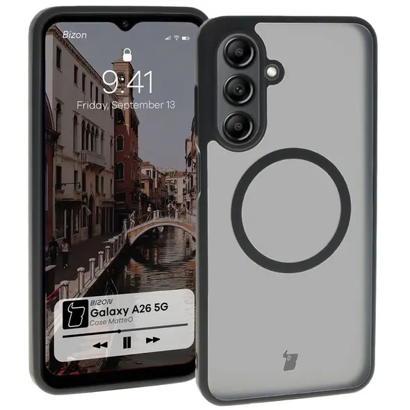 Etui z pierścieniem magnetycznym Bizon Case MatteO do Samsung Galaxy A26 5G półprzezroczyste z czarną ramką