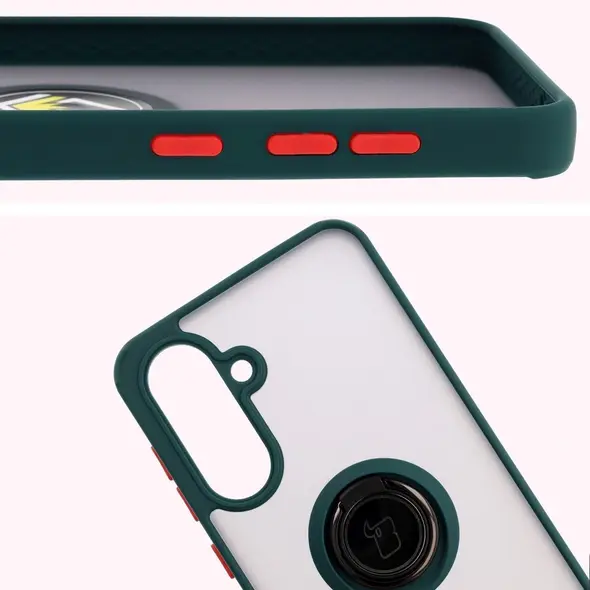 Etui z uchwytem na palec Bizon Case Hybrid Ring do Samsung Galaxy A36 5G przydymione z ciemnozieloną ramką