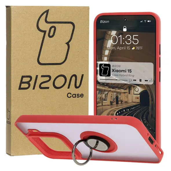 Etui z uchwytem na palec Bizon Case Hybrid Ring do Xiaomi 15 przydymione z czerwoną ramką